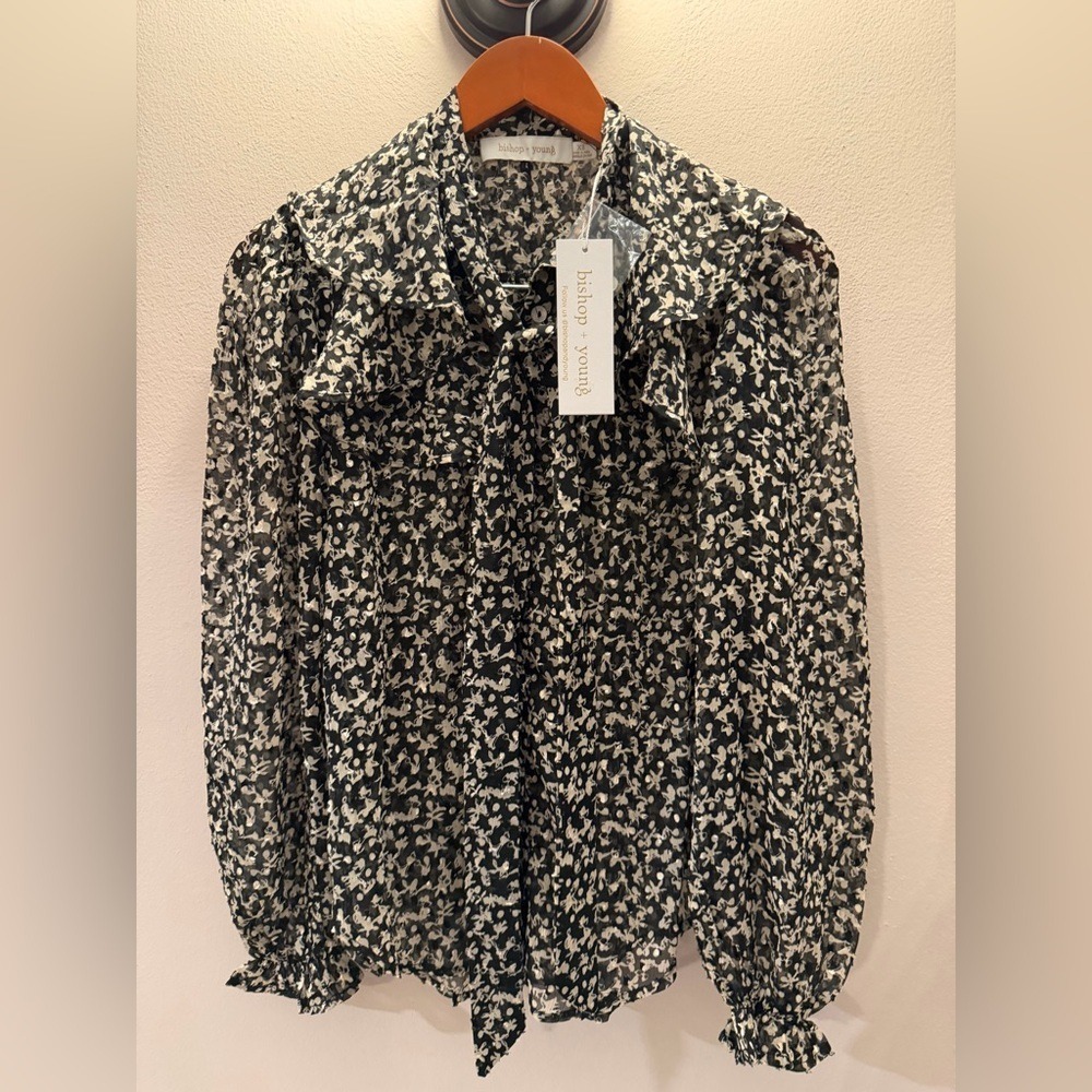 Bishop + Young Floral Bow Ruffle Blouse‎ Black White Sheer XS NEW - Picture 7 of 7